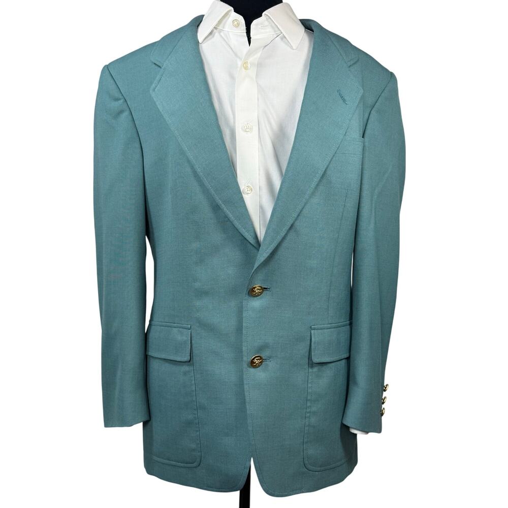 Vintage 80s Men's 39R Teal Blazer Jacket Brass Buttons USA Hart Schaffner Marx
